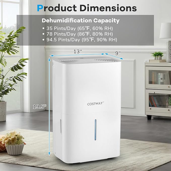 COSTWAY 94.5 Pints Energy Star Dehumidifier, 6000 Sq.Ft Portable Large Home Dehumidifier for Basements with 2 Modes & 3 Fan Speeds, 1.4 Gallon Tank