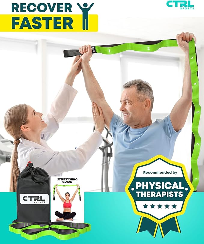 Stretching Strap with Loops - Non Elastic Stretch Band for Physical Therapy, Yoga Strap for Stretching Equipment, Stretch Bands for Exercise and Flexibility - Fascia, Hamstring & Leg Stretcher Belt-FlexoryFit