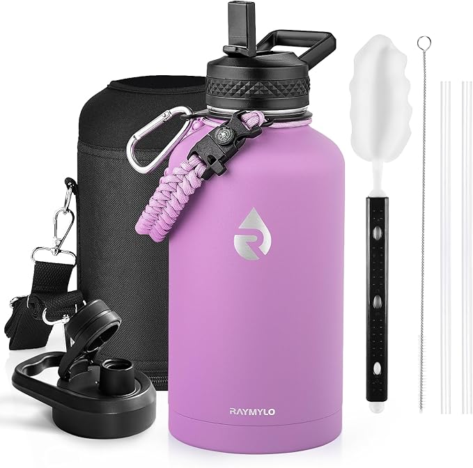 Insulated Water Bottle 64 oz, Triple Wall Vacuum Stainless Steel (Cold for 48 Hrs), Leak Proof & Non-BPA, Half Gallon Water Flask Jug with Paracord Handle & Straw Spout Lids, Lilac-FlexoryFit