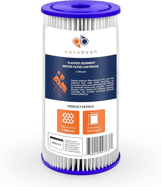 Aquaboon 1 Micron Pleated Water Filter 10 x 4.5 for Whole House Sediment Water Filter Replacement Compatible with Well Filters FXHSC, R50-BBSA (20-PACK)
