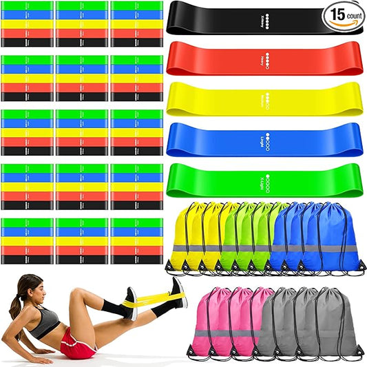90 Pcs Workout Loop Resistance Bands Bulk, Gym Elastic Bands Set for Fitness Sport Class Students Members Gift Physical, 5 Pieces Each Set, with Large Drawstring Backpack Bags-FlexoryFit