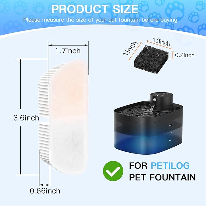 Cat Water Fountain Filters for 84oz/2.5L Battery Operated Petilog Pet Water Dispenser Fountain (8 Filters& 8Sponges) (8)