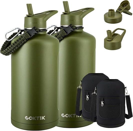 2 Pack 128 oz Insulated Water Bottle, Triple Wall Stainless Steel Flask, Keeps Drinks Cold for 48 Hrs Leak-Proof & BPA-Free Half Gallon Jug with Paracord Handle, Straw & Spout Lids(2 pack, Army Green)-FlexoryFit
