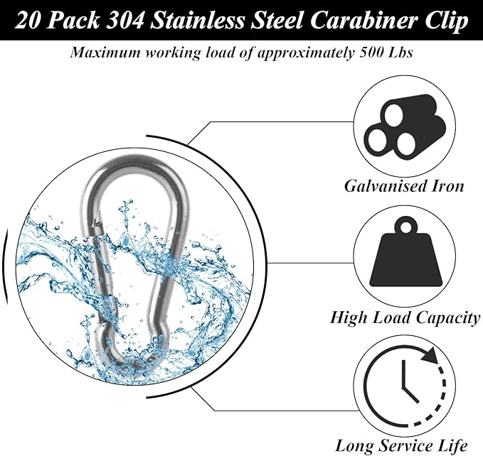 MIVIDE 20 Pack M8 x 3-1/8 inch Carabiner Clips Spring Snap Hook, 304 Stainless Steel Heavy Duty Snap Hooks Carabiner Quick Link Clip for Camping Hiking Traveling Outdoor Swing Gym, 500Lbs Capacity