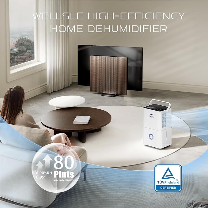 Energy Star Dehumidifier, 80 Pints Dehumidifier for Basement, Smart Humidity Adjustment with 1.32 Gal Water Tank and Drain Hose, Silent & Efficient for Home Bedroom Garage Large Room