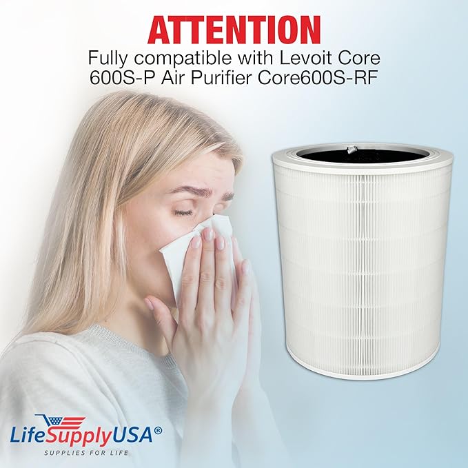 Core 600S Replacement Filter True HEPA H13 Compatible with Levoit Core 600S Air Purifier & 600S-RF 3-in-1 Activated Carbon Filter by LifeSupplyUSA (1-Pack)