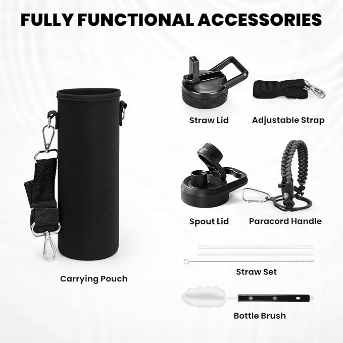 Insulated Water Bottle 24oz, Triple Wall Vacuum Stainless Steel (Cold for 48 Hrs, Hot for 24Hrs), Leak Proof & Non-BPA, 24oz Hydro Water Flask with Paracord Handle & Straw Spout Lids-FlexoryFit