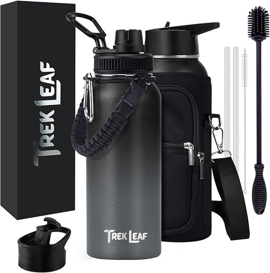 Travel Water Bottle with Carrying Bag, 3 Lids (Spout, Straw, Flip), and Bottle Brush; Leak Proof, Quality, Vacuum Insulated, Stainless Steel (Charcoal Fog, 32 oz)