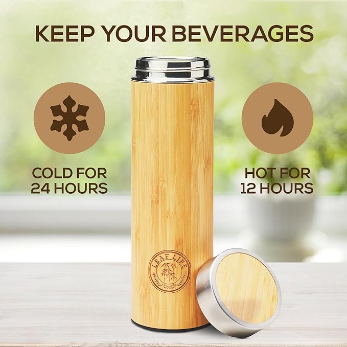 LeafLife Premium Bamboo Tea Bottle for Loose Tea - Tea Infuser Bottle - Tea Gifts - Insulated Water Bottle/Coffee Tumbler/Tea - Tea Gift Set, Tea Accessories - Tea Tumbler 17oz