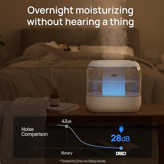 Dreo Humidifiers for Bedroom, 4L Top Fill for Large Room, 36H Runtime, 28 dB Quiet Supersized Cool Mist Air Humidifier for Baby Nursery, Plants, Indoor, Night Light, Easy to Clean & Fill