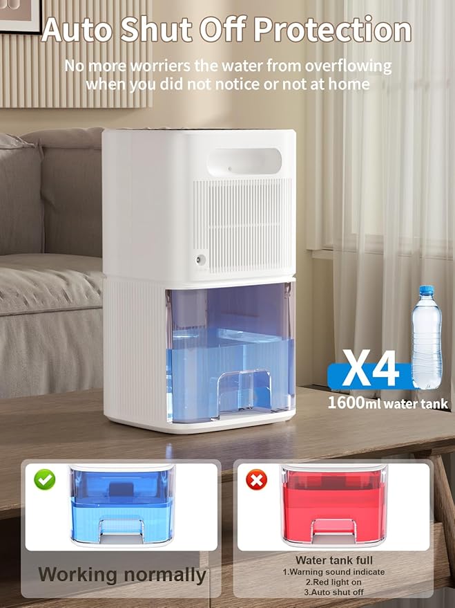 Dehumidifier, 60 OZ Water Tank, Dehumidifiers for Home, 500 sq. ft. Dehumidifier for Basement Bathroom Bedroom with Auto Shut Off, 7 Colors LED Light, Quiet Dehumidifiers with Sleep Mode