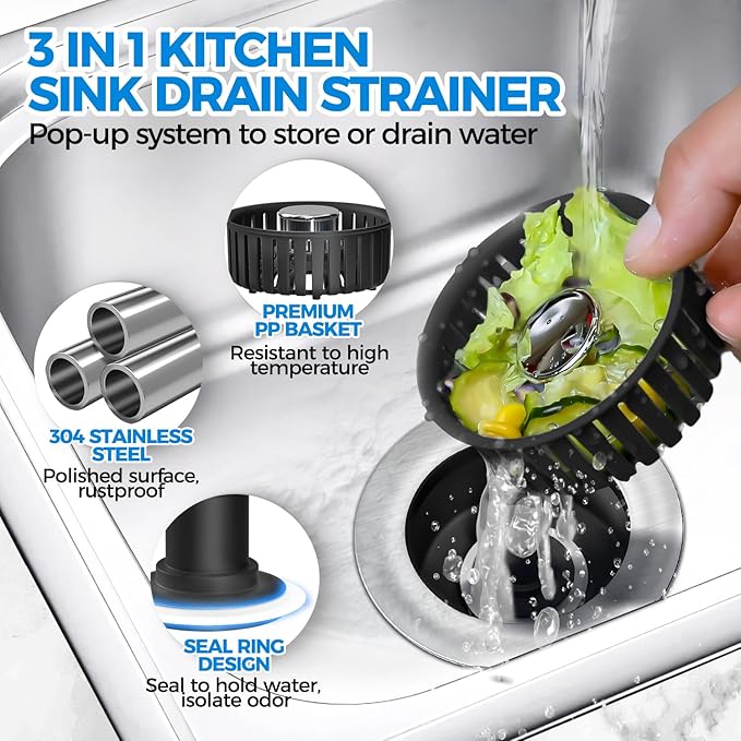 Upgraded 3in1 Kitchen Sink Drain Strainer and Sink Stopper, Stainless Steel Kitchen Drain Plug & Cover with Anti-Clogging Basket Strainer, Fit US Standard 3-1/2'' Sink Drain Hole, Brushed Black
