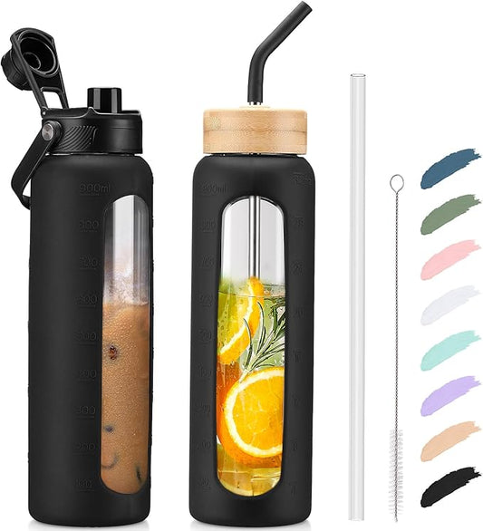 Kodrine Water Bottle with Straw, 24 oz Glass water Bottle with 2 Lids Bamboo Straw Lid and Spout Lid with Handle, 32 oz Clear Water Bottle Glass for Sports Travel, Waterbottle with Time Marker-FlexoryFit