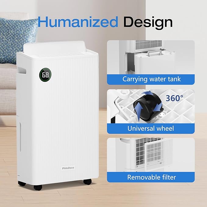 PHILODECO 80 Pint 4500 Sq.Ft Dehumidifier with Drain Hose, Automatic Defrosting, Intelligent Humidity Control with 24HR Timer, Smart Quiet Dehumidifier, for Basement, Bathroom, Bedroom, Home, White
