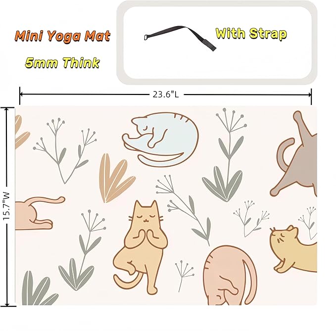 Mini Yoga Mat with Playful Cat Design, Yoga Knee Pads,Double-Sided Non-Slip, Meditation,Exercise Mat for Women&family use,White-FlexoryFit