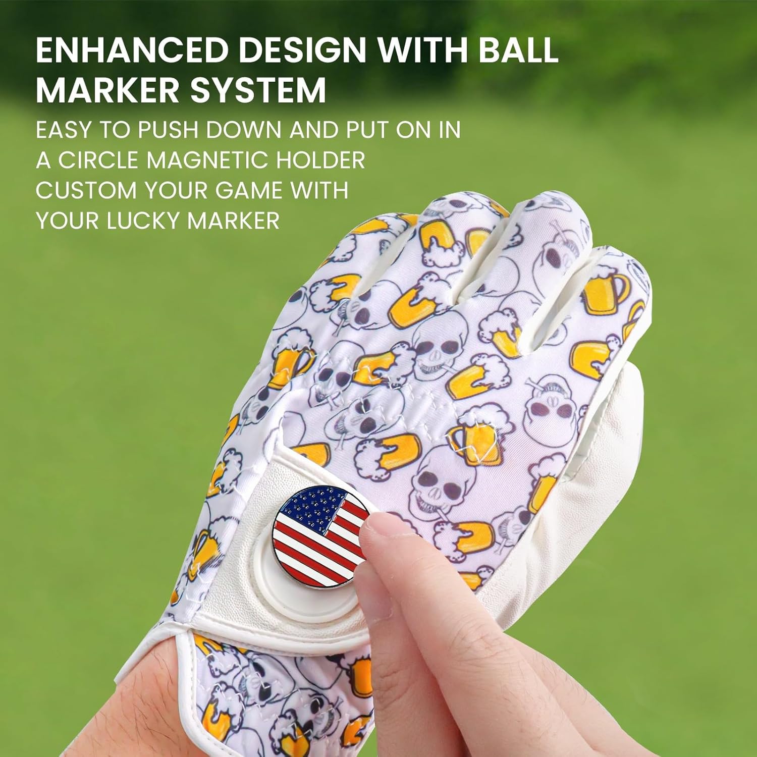 FINGER TEN Golf Gloves Men Left Hand Right with Ball Marker USA Flag Blue Camo Plaid Pack, Mens Leather Golf Glove All Weather Grip Small Medium ML Large XL