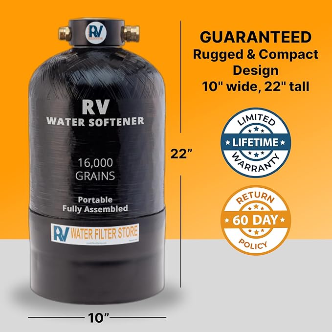 Essential RV Water Softener Portable 16,000 Grain w 4ft Hose, 3/4" Fittings, 2X Sets of Quick Connects, 1X Sani System, Softens Hard Water Prefilled NSF Resin