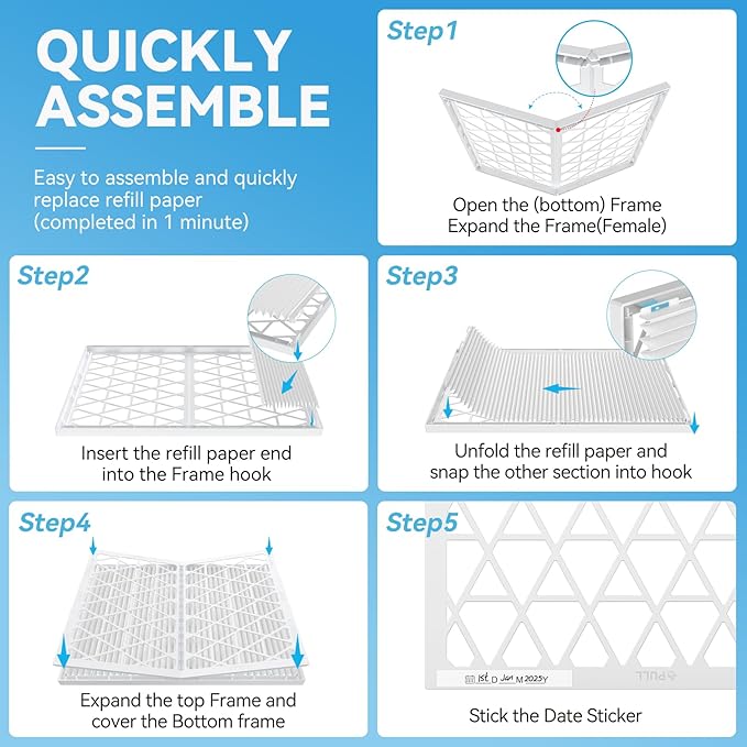 Reusable 14x30x1 Air Filter (MERV 8), 1 Foldable Frame + 6 Refills (Not Individual Filters), Greener HVAC AC Furnace Air Filters MPR 700&FPR 5(Actual Size:13.75"x29.75"x0.75")