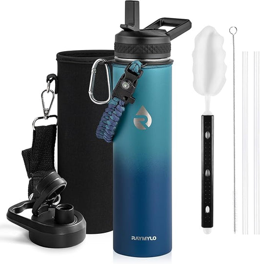 Insulated Water Bottle 24oz, Triple Wall Vacuum Stainless Steel (Cold for 48 Hrs, Hot for 24Hrs), Leak Proof & Non-BPA, 24oz Hydro Water Flask with Paracord Handle & Straw Spout Lids-FlexoryFit