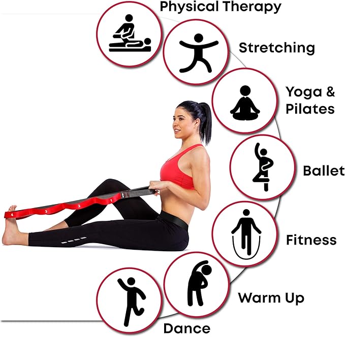 Stretching Strap with Loops - Non Elastic Stretch Band for Physical Therapy, Yoga Strap for Stretching Equipment, Stretch Bands for Exercise and Flexibility - Fascia, Hamstring & Leg Stretcher Belt-FlexoryFit