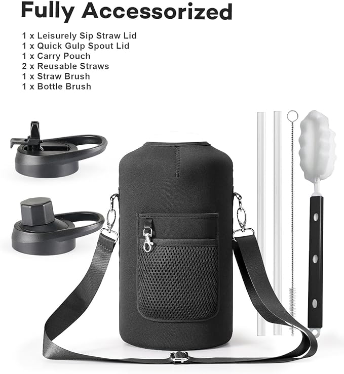 128 oz Stainless Steel Water Bottle with Handle and Carry Pouch, One Gallon Insulated Mug Tumbler with Straw Lid Spout Lid,Reusable Metal Water Bottle Jug Flask Cup,Keep Cold & Hot,Indigo Black-FlexoryFit