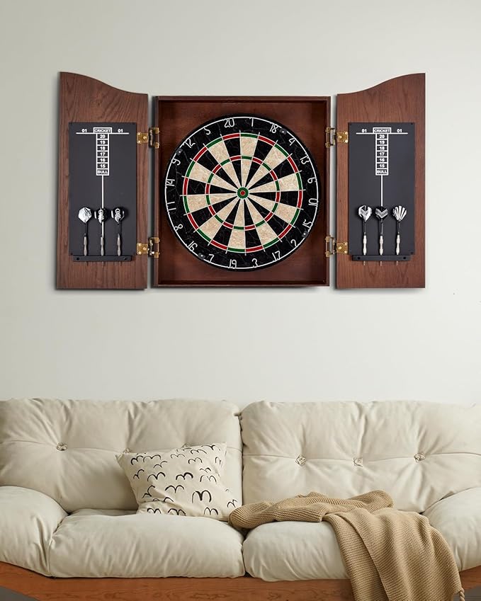 Sisal Dart Board Cabinet Sets, Decorative Dart Boards for Adults [6*Steel Darts] - Wooden Dartboard Cabinet with Integrated Scoreboard for Family Game Rooms