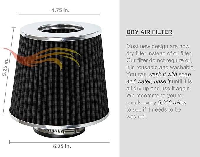BLACK 3.5" 89 mm Inlet Narrow Cold Air Cone Replacement Performance Washable Clamp-On Dry Air Filter