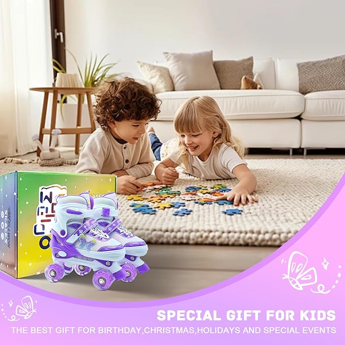 Kids Roller Skates for Girls-Outdoor 4 Size Adjustable Butterfly Quad Rollerskates for Indoor Ages 3-12 Years Beginners Children's Birthday Gift with Light Up Wheels patines para niñas Indoor-FlexoryFit