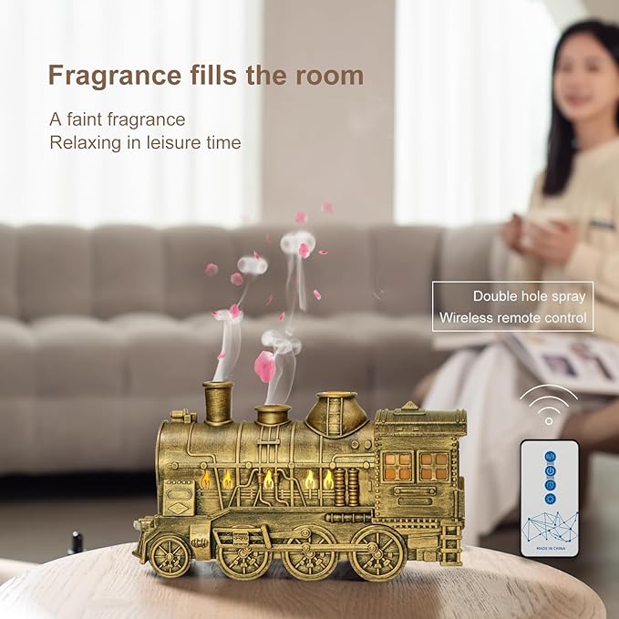 Train Diffuser 300ml, Aromatherapy Diffuser Cool Mist Ultrasonic Aroma Train Diffuser with Remote Control 2 Light 2 Mist Mode Auto Shut-Off for Bedroom Office Hotel(Bronze)