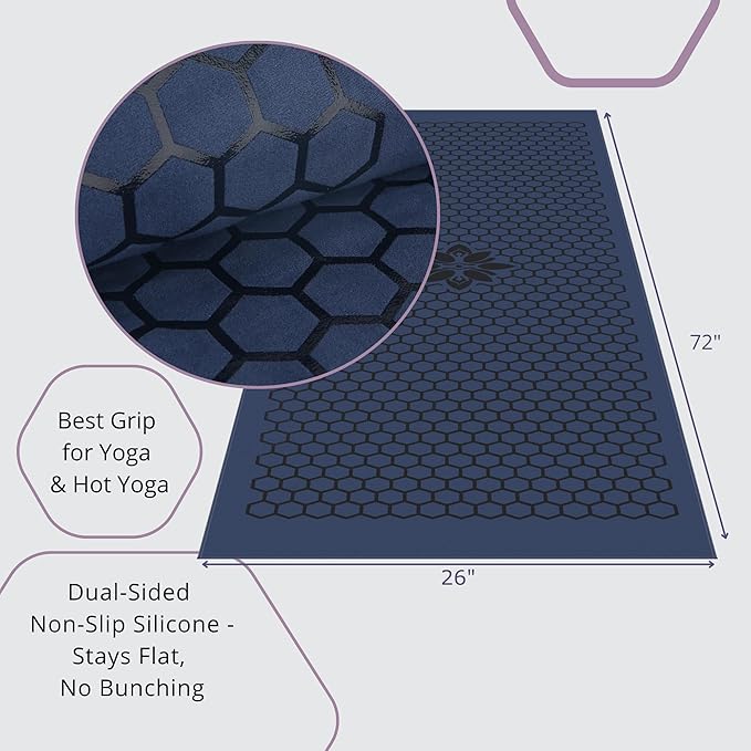 Clever Yoga Non-Slip Hot Yoga Towel – Non-Slip Grip for Hot Yoga, Sweat Absorbent, Honeycomb Silicone Grip, Stays Flat – Ideal for Pilates, Travel, Washable & Lightweight - Dark Blue-FlexoryFit