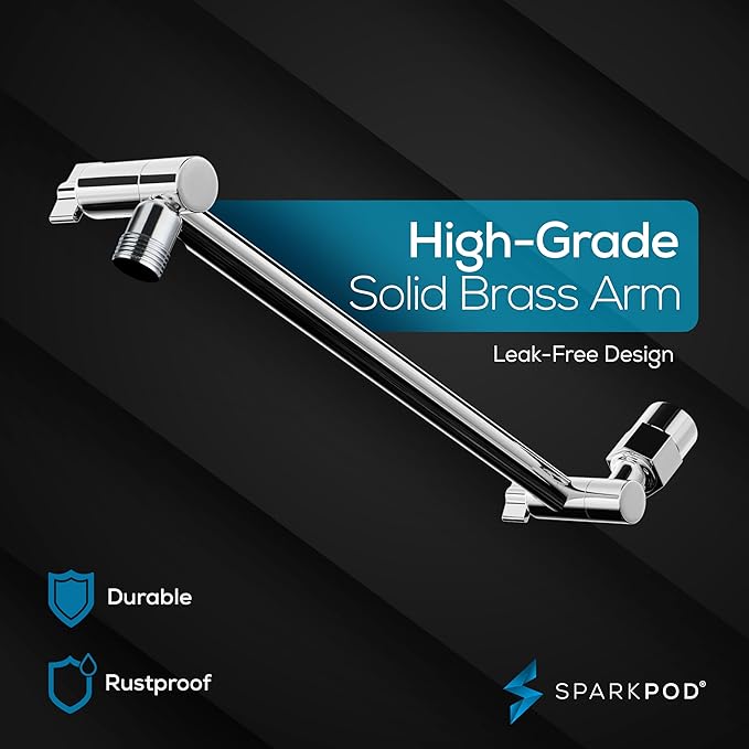 SparkPod Square Rain Shower Head with Extension Arm - Height Adjustable Shower Head with High Pressure Performance - Easy 1-Minute Installation (11" Arm Extension, Luxury Polished Chrome)