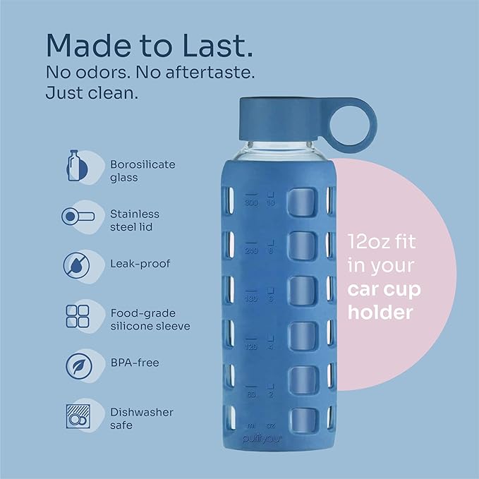 purifyou 40oz / 32oz / 22oz / 12oz Borosilicate Glass Water Bottle with Time & Volume Markers, Silicone Sleeve, Stainless Steel Lid | Reusable Glass Bottle for Water & Juice (12oz Chinese Porcelain)