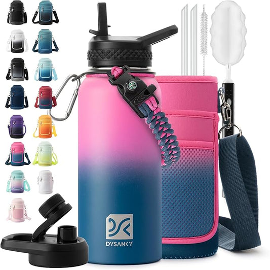 Insulated Water Bottle | Thickened Stainless Steel Vacuum Metal | Portable Sports Water Jug for Gym and Hiking with Straw, Carrier Bag, Handle Strap | BPA-Free 32 oz-FlexoryFit