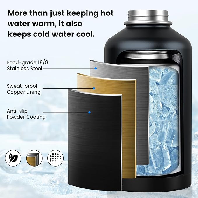 Insulated Water Bottle 87 oz, Triple Wall Vacuum Stainless Steel(Cold for 48 Hrs),Leak Proof & BPA-Free,Half Gallon Water Bottle with Reflective Paracord & Flip Straw for Sports & Travel, Black-FlexoryFit