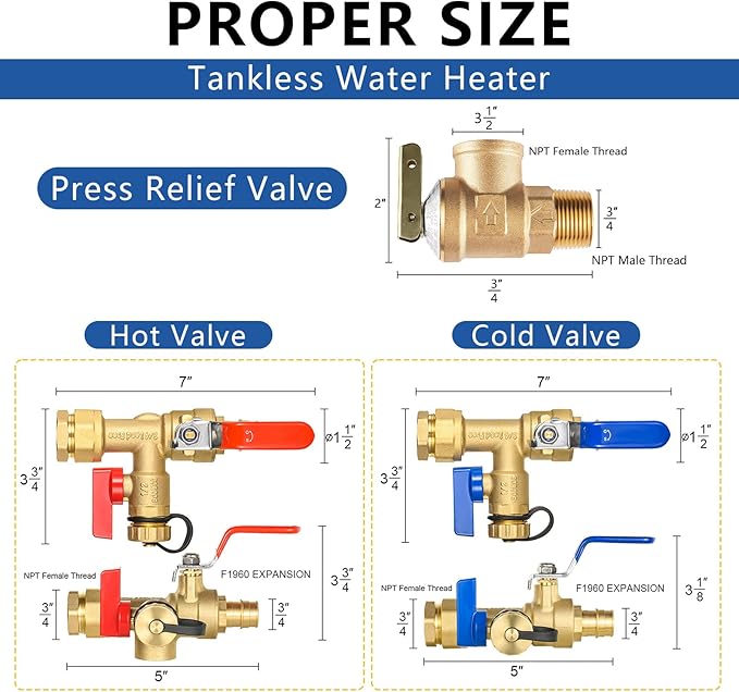 3/4 Inch GUOFIS IPS Tankless Water Heater Valve Kit with Pressure Relief Valve(3/4"FIPx 3/4" PEX-A Expansion F1960),5 Set Water Heater Valve Kit