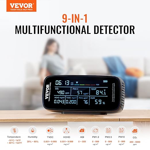 VEVOR Air Quality Monitor 9-in-1, CO2, Temperature, Humidity, Formaldehyde TVOC AQI Tester, Professional PM2.5 PM10 PM1.0 Particle Counter for Indoor/Outdoor, Air Quality Meter w/Alarm Thresholds