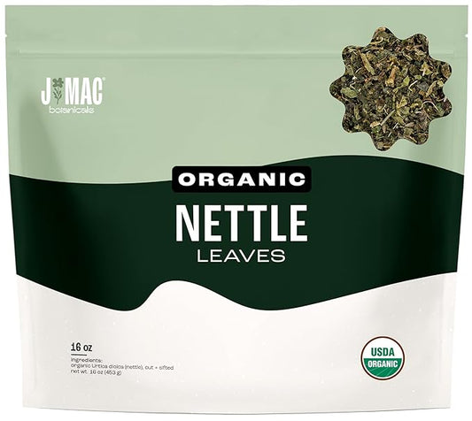 J MAC BOTANICALS Organic Nettle Leaf Herbal Tea - 16 oz (200+ Cups) Certified USDA Organic, Dried stinging nettle tea, 1 Pound Bulk Bag, Urtica dioica-FlexoryFit