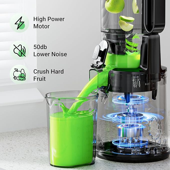 Juicer Machines,Aeitto Cold Press Juicer with 5.3“ Extra Large Feed Chute for Whole Fruits & Vegetables, Juice Extractor Machine, Self Feeding, Easy to Clean, High Juice Yield, Black-FlexoryFit
