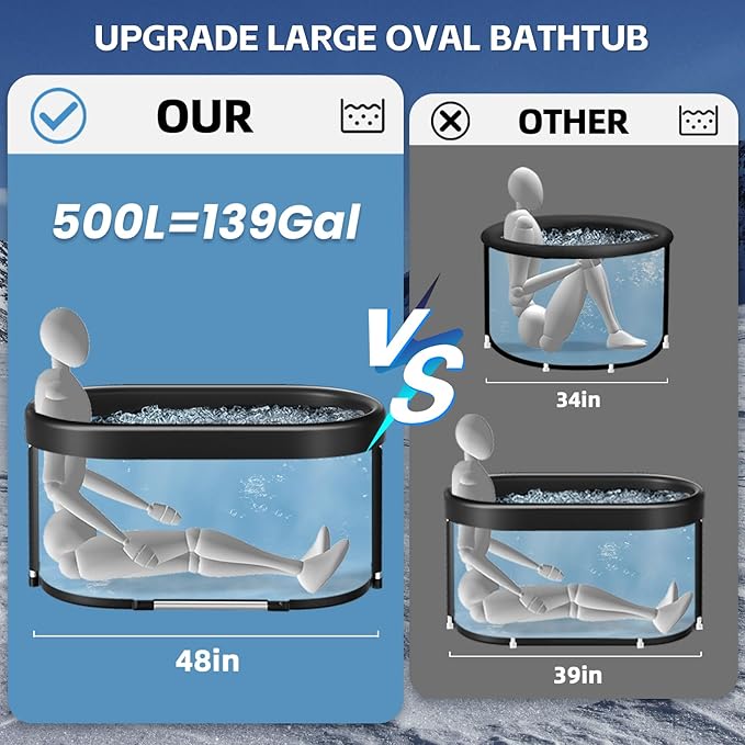 New Upgrade XL 139-Gallon Oval Ice Bath Tub - 6 Layered Portable Bathtub, Drop-In Bathtubs Foldable with Cover Cold Plunge Tub for Athletes, Home Gym, Outdoor Recovery Use.