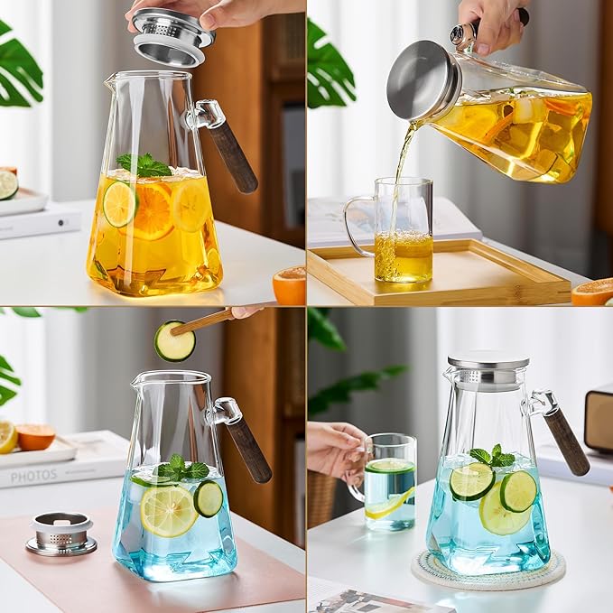2L Glass Pitcher with Lid and Spout, Water Jug, 68 OZ Carafe for Hot/Cold Water, Large Iced Tea Pitcher for Coffee, Juice and Homemade Beverage