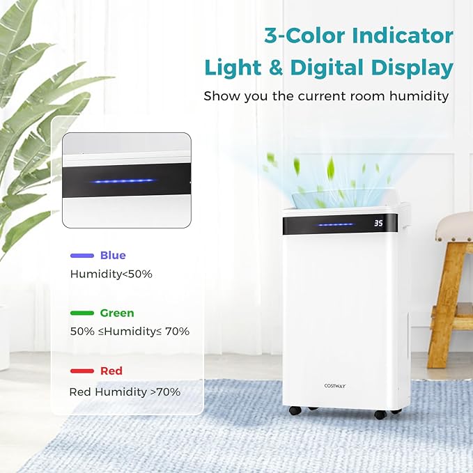 COSTWAY 4,500 Sq. Ft Dehumidifier for Basement, 3-Color Humidity Indicator, Dry Clothes Mode, 12" Drain Hose & Wheels, 57 Pint/Day Dehumidifier for Large Room (White&Black)