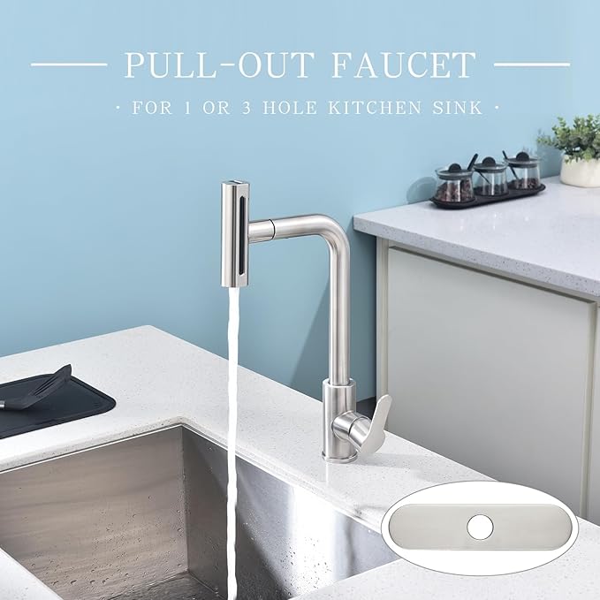 Kitchen Faucet with Pull Down Sprayer SUS304 Stainless Steel Waterfall Kitchen Sink Faucet 4 Functions Brushed Nickel Pull Out Kitchen Sink Faucets Utility Rv for 1 or 3 Hole Sink, KF2-BN