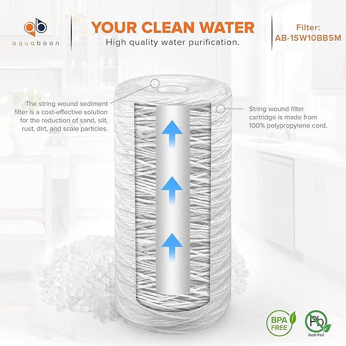 Aquaboon 5 Micron Water Filter 10 x 4.5 inch - String Wound Water Filter for Whole House System - Compatible with 84637, WPX5BB97P, PC10, 355214-45, 355215-45, WP10BB97P, WP5BB97P (4 Pack)