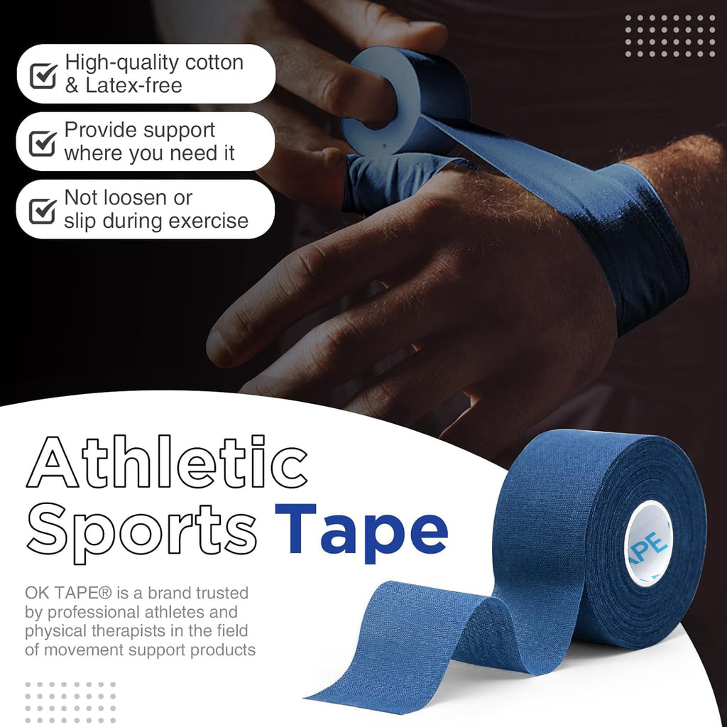 OK TAPE 4 Rolls Athletic Tape, Sports Tape, Very Strong Easy Tear Wrist Ankle Tape, No Sticky Residue | Athletes, Medical, Athletic Trainers- 1.5inch x 15yards (Blue)
