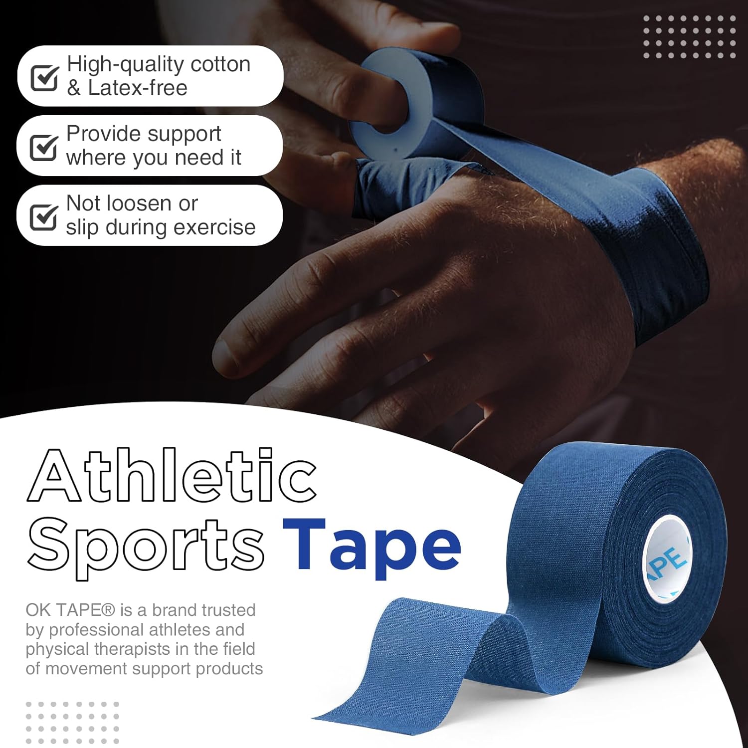 OK TAPE 4 Rolls Athletic Tape, Sports Tape, Very Strong Easy Tear Wrist Ankle Tape, No Sticky Residue | Athletes, Medical, Athletic Trainers- 1.5inch x 15yards (Blue)