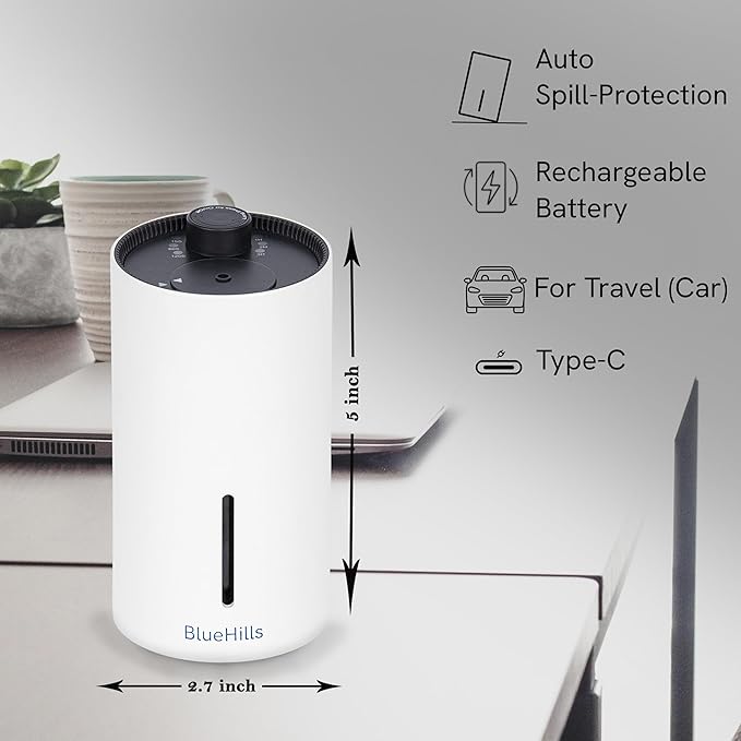 BlueHills Waterless Cordless Essential Oil Diffuser – White, Wireless, Portable Aroma Nebulizing Diffusers for Home, Car & Office – J01 White