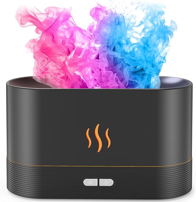 Essential Oil Diffuser, Air Humidifier with Flame Led Light - 7 Colors, 180mL Capacity (8 Hours), Noiseless Operation, Auto-Off Protection - Perfect for Home Bedroom Office Gifts(Black)