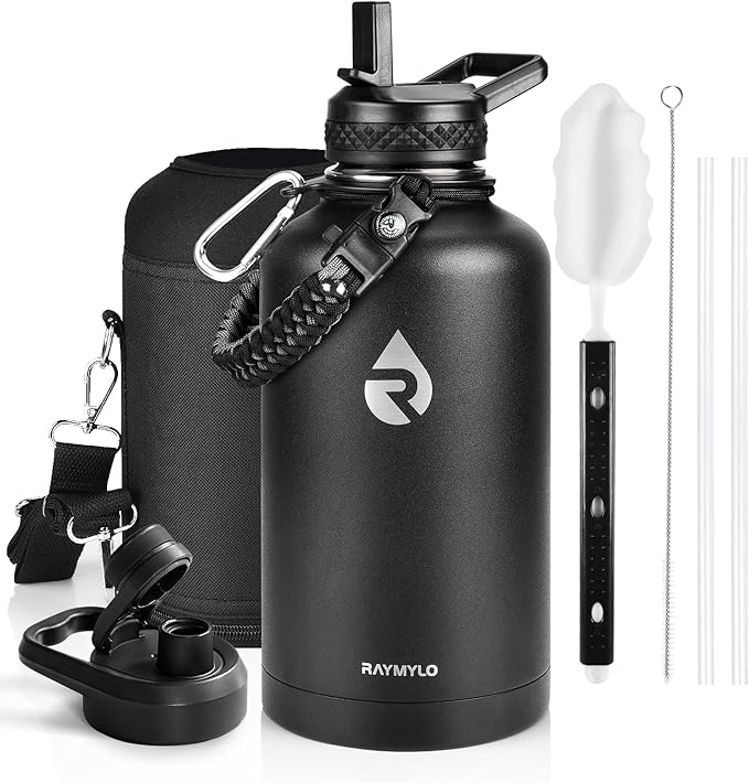 Insulated Water Bottle 64 oz, Triple Wall Vacuum Stainless Steel (Cold for 48 Hrs), Leak Proof & Non-BPA, Half Gallon Water Flask Jug with Paracord Handle & Straw Spout Lids, Magic Black-FlexoryFit