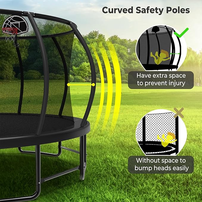 10 12 14 15 16FT Outdoor Trampolines for Kids and Adults, Pumpkin Trampoline with Curved Poles, Recreational Trampoline with Basketball Hoop and Safety Enclosure Net for Kids and Adults-FlexoryFit