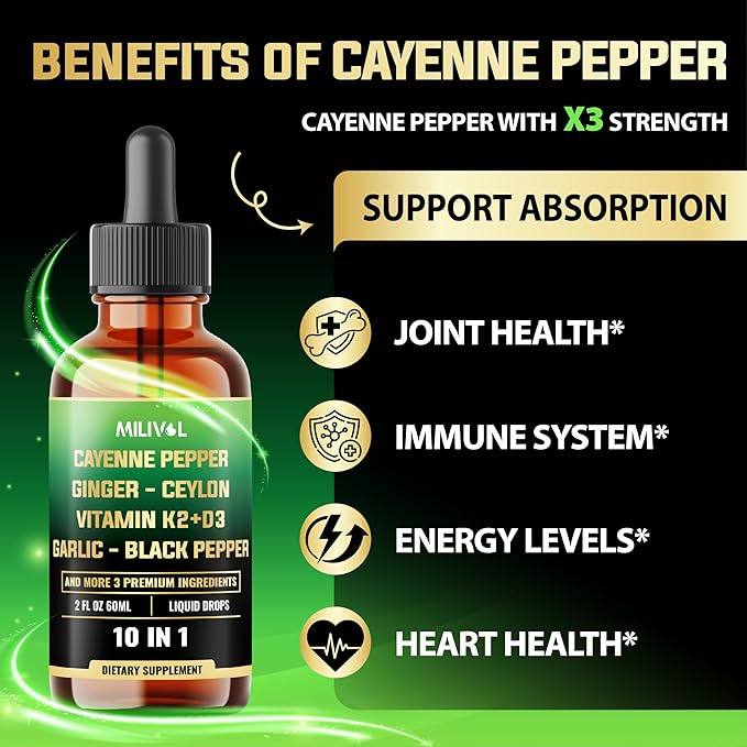 10in1 Cayenne Pepper Liquid Drops + Ginger, Ceylon Cinnamon, Vitamin D3, Vitamin K2, Garlic, Black Pepper and More - Digestion Support - 2 Fl Oz - 2 Months Supply-FlexoryFit